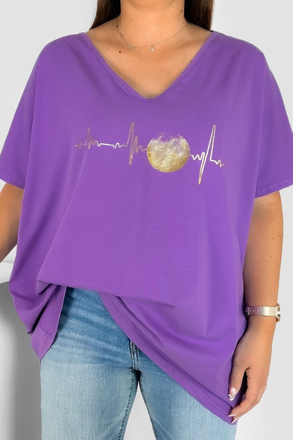 Bluzka damska T-shirt plus size w kolorze fioletowym złoty nadruk linia życia księżyc