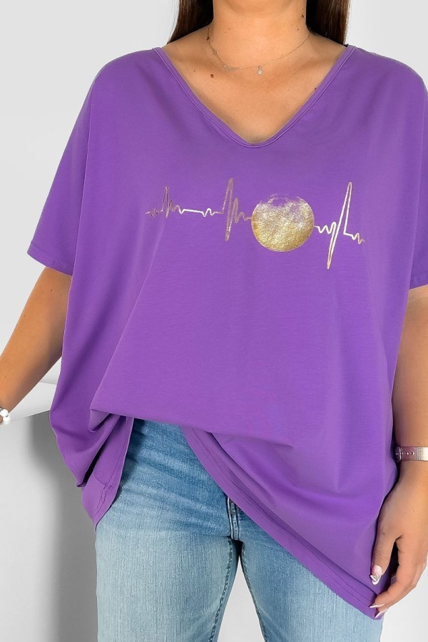 Bluzka damska T-shirt plus size w kolorze fioletowym złoty nadruk linia życia księżyc 1