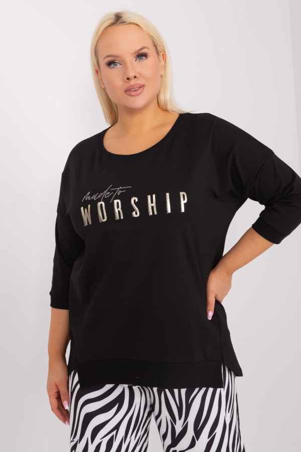 Bluzka damska plus size w kolorze czarnym dłuższy tył rozcięcia dżety worship 3