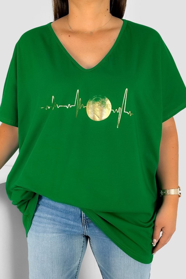 Bluzka damska T-shirt plus size w kolorze zielonym złoty nadruk linia życia księżyc