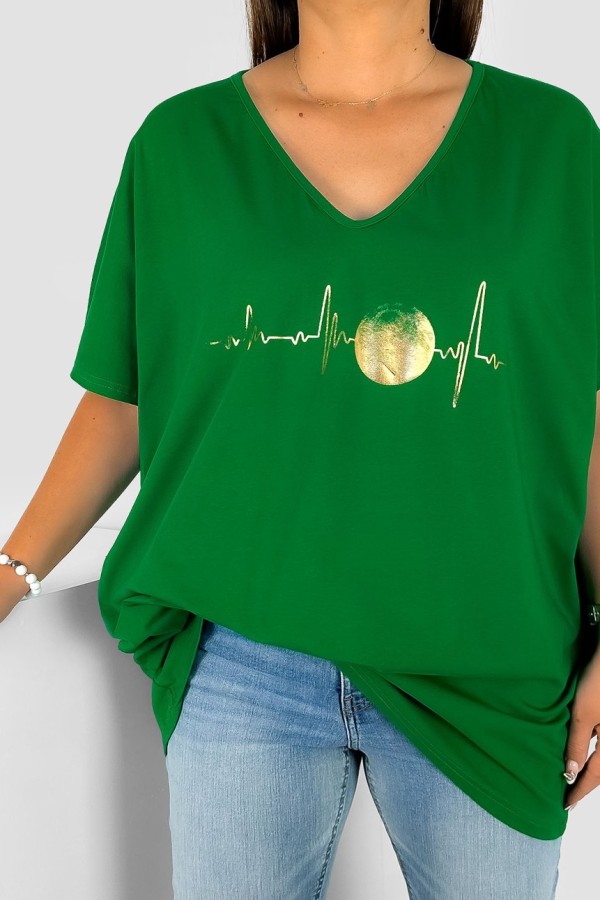 Bluzka damska T-shirt plus size w kolorze zielonym złoty nadruk linia życia księżyc 1