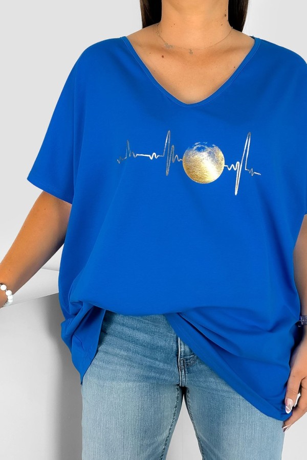 Bluzka damska T-shirt plus size w kolorze chabrowym złoty nadruk linia życia księżyc 1