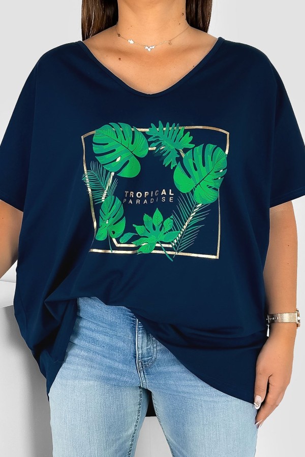Bluzka damska T-shirt plus size w kolorze granatowym nadruk tropical paradise