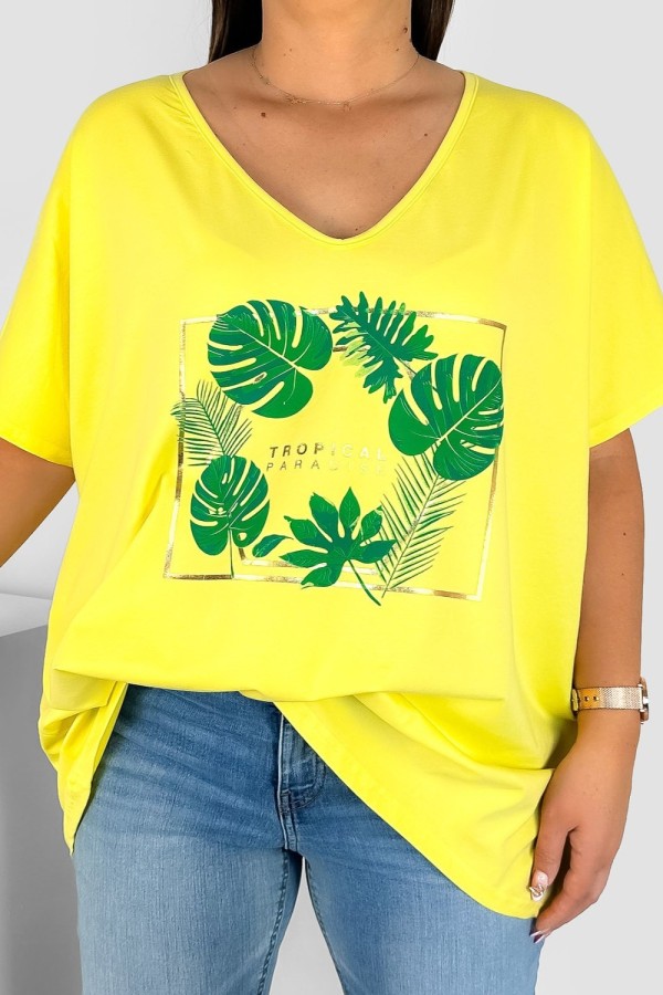 Bluzka damska T-shirt plus size w kolorze żółtym nadruk tropical paradise