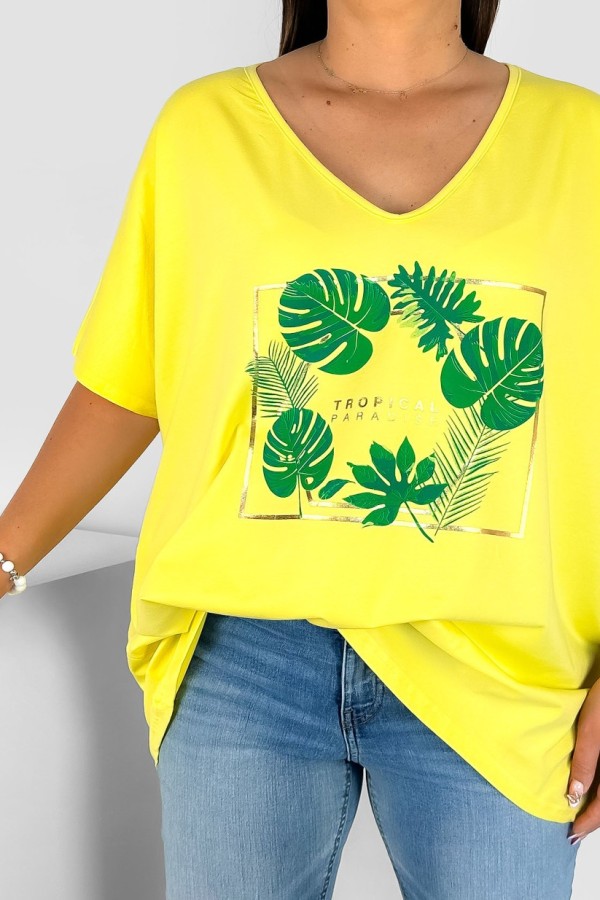 Bluzka damska T-shirt plus size w kolorze żółtym nadruk tropical paradise 1