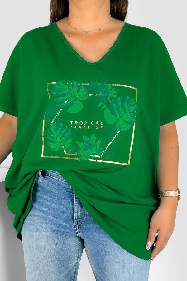 Bluzka damska T-shirt plus size w kolorze zielonym nadruk tropical paradise