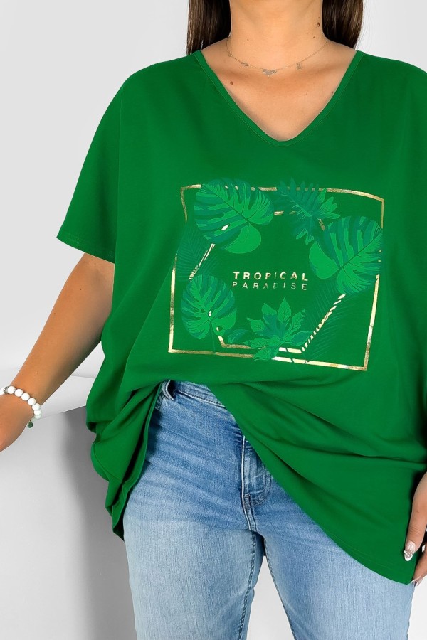 Bluzka damska T-shirt plus size w kolorze zielonym nadruk tropical paradise 1