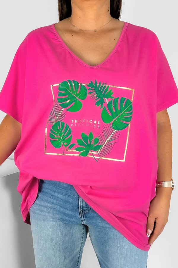 Bluzka damska T-shirt plus size w kolorze różowym nadruk tropical paradise