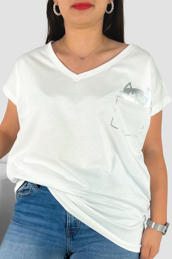 T-shirt damski plus size nietoperz dekolt w serek V-neck ecru kieszeń kotek