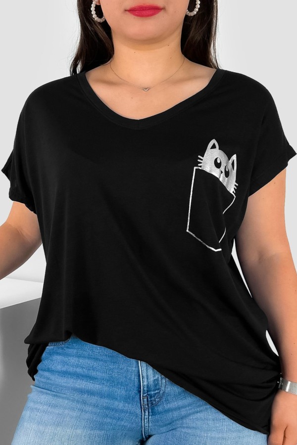 T-shirt damski plus size nietoperz dekolt w serek V-neck czarny kieszeń kotek