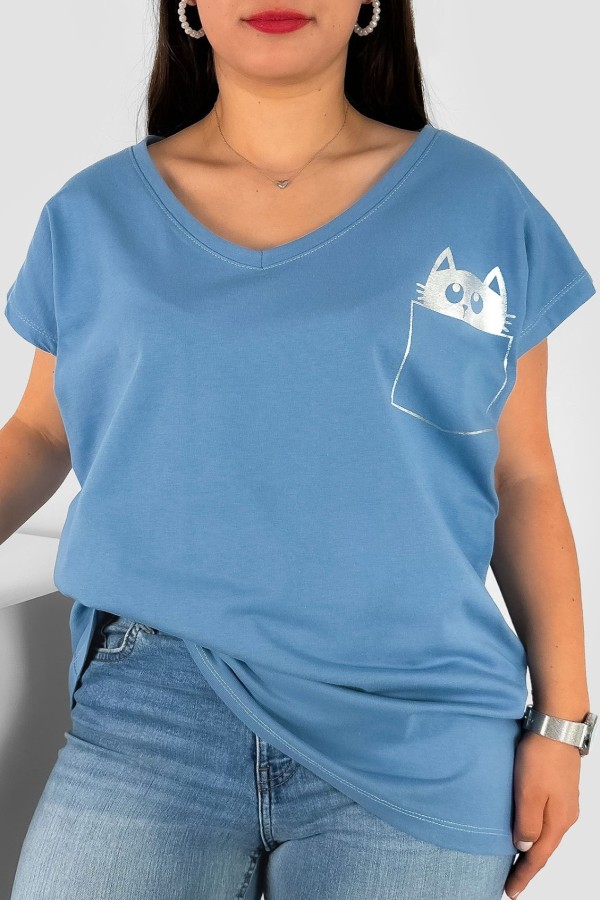 T-shirt damski plus size nietoperz dekolt w serek V-neck denim kieszeń kotek