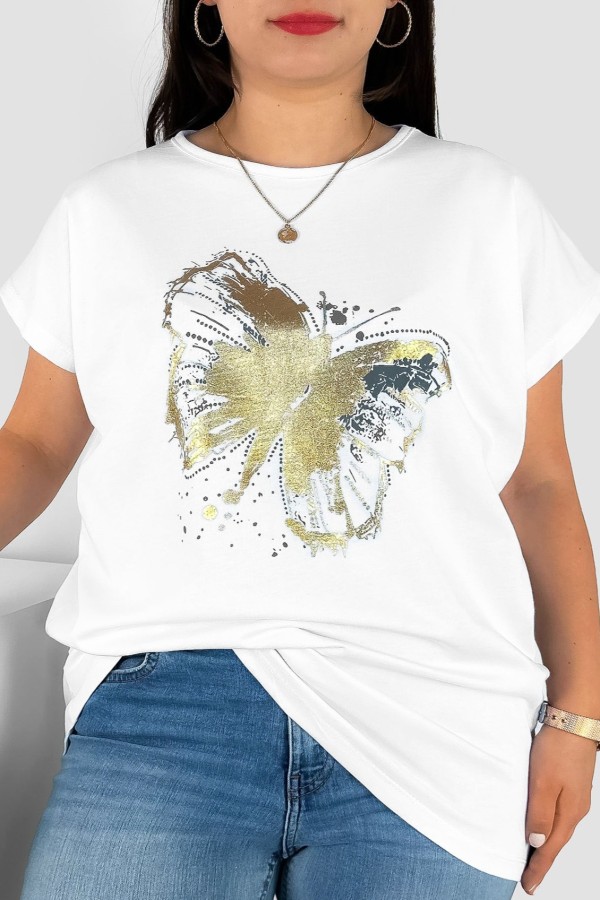 T-shirt damski plus size nietoperz w kolorze białym nadruk złoty motyl Lulu