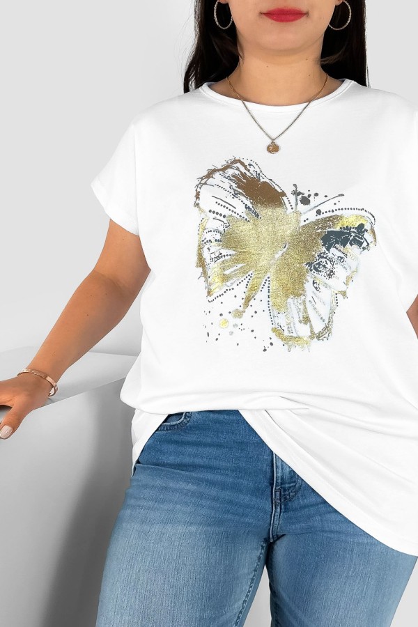 T-shirt damski plus size nietoperz w kolorze białym nadruk złoty motyl Lulu 1