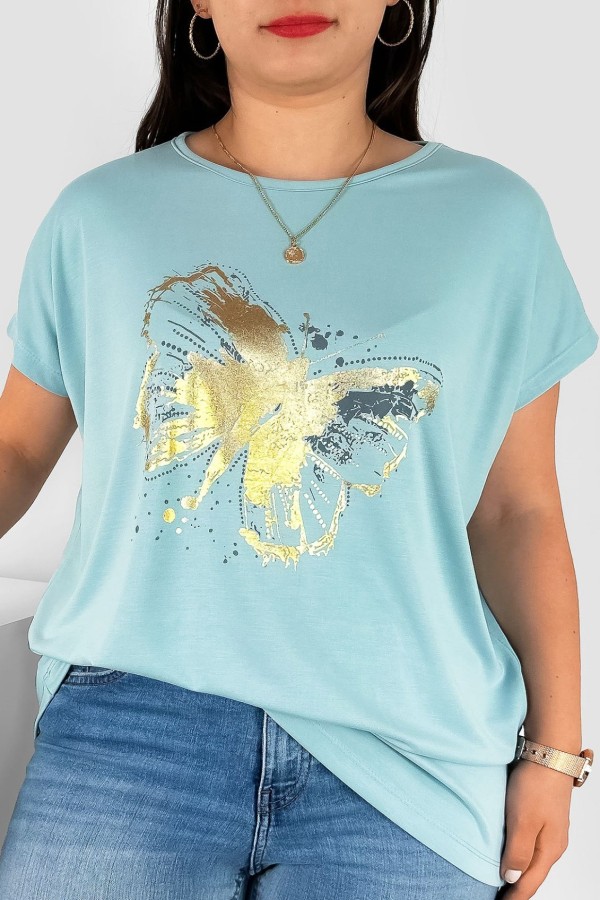 T-shirt damski plus size nietoperz w kolorze cyjanowym nadruk złoty motyl Lulu