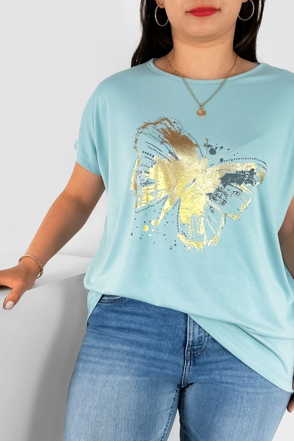 T-shirt damski plus size nietoperz w kolorze cyjanowym nadruk złoty motyl Lulu 1