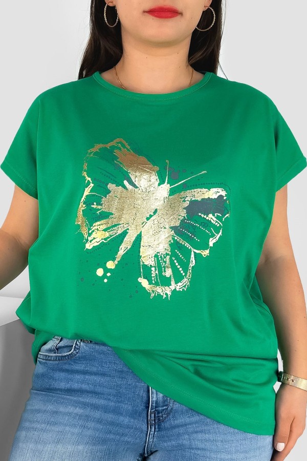 T-shirt damski plus size nietoperz w kolorze zielonym nadruk złoty motyl Lulu