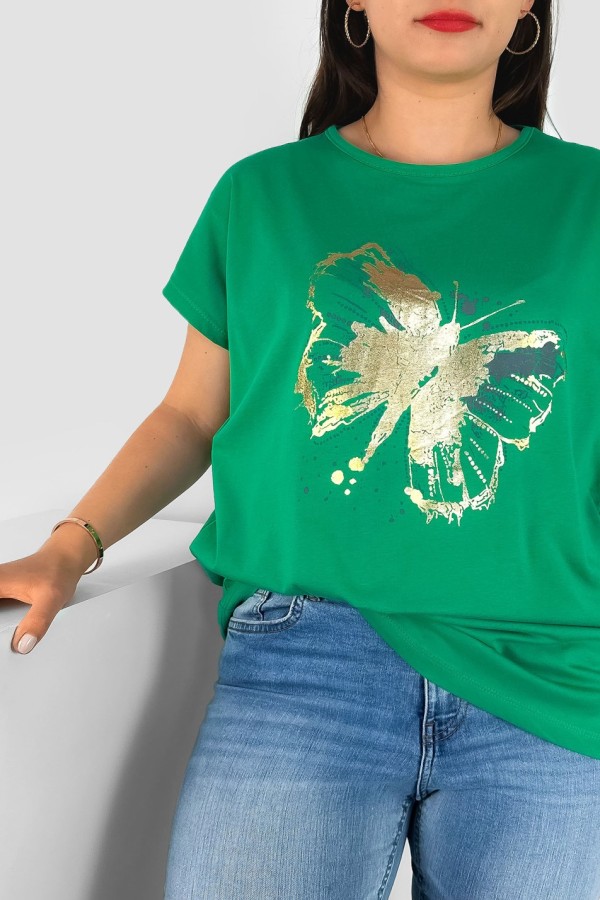 T-shirt damski plus size nietoperz w kolorze zielonym nadruk złoty motyl Lulu 1