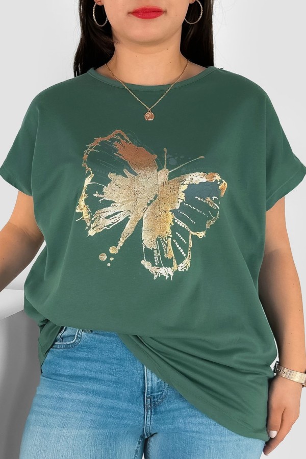 T-shirt damski plus size nietoperz w kolorze chłodnej zieleni nadruk złoty motyl Lulu