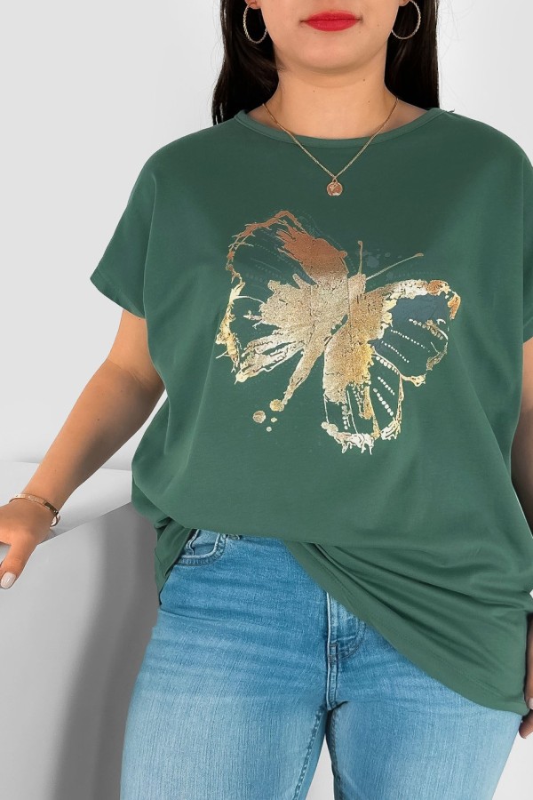 T-shirt damski plus size nietoperz w kolorze chłodnej zieleni nadruk złoty motyl Lulu 1