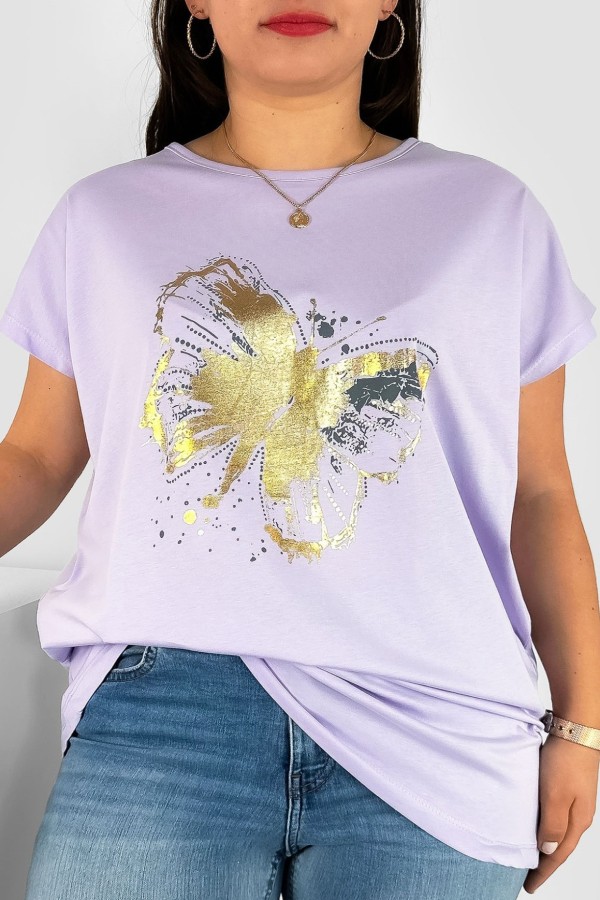 T-shirt damski plus size nietoperz w kolorze lila fiolet nadruk złoty motyl Lulu