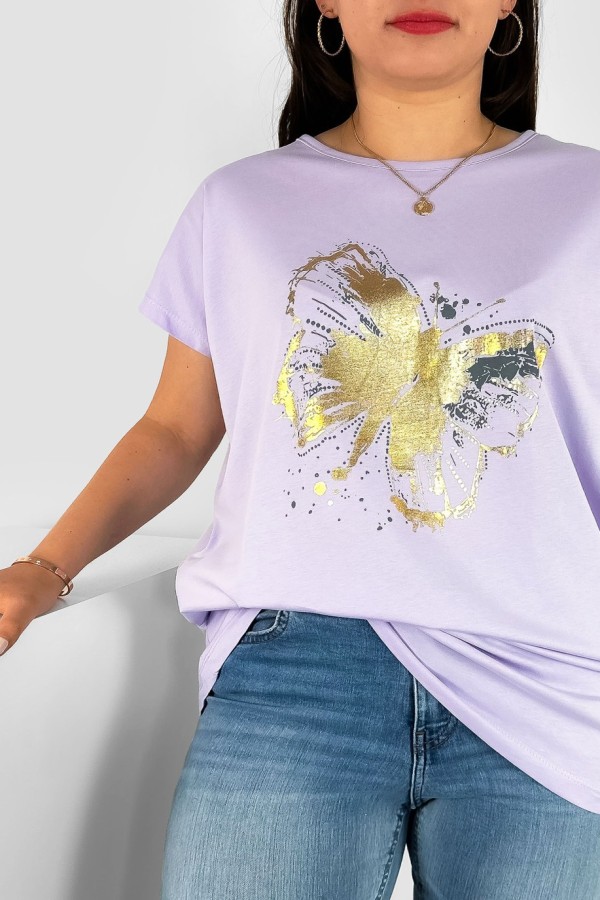T-shirt damski plus size nietoperz w kolorze lila fiolet nadruk złoty motyl Lulu 1