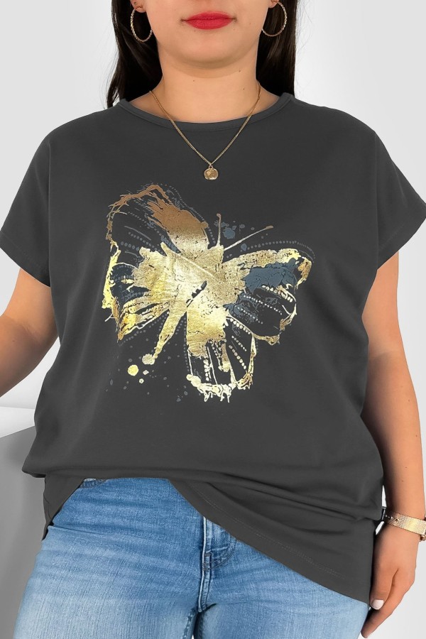 T-shirt damski plus size nietoperz w kolorze grafitowym nadruk złoty motyl Lulu