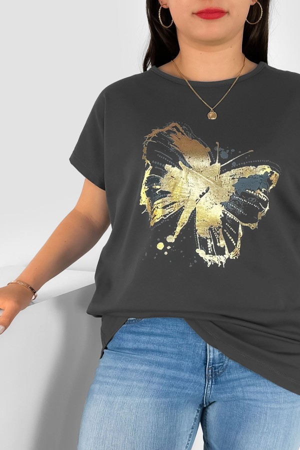 T-shirt damski plus size nietoperz w kolorze grafitowym nadruk złoty motyl Lulu 1