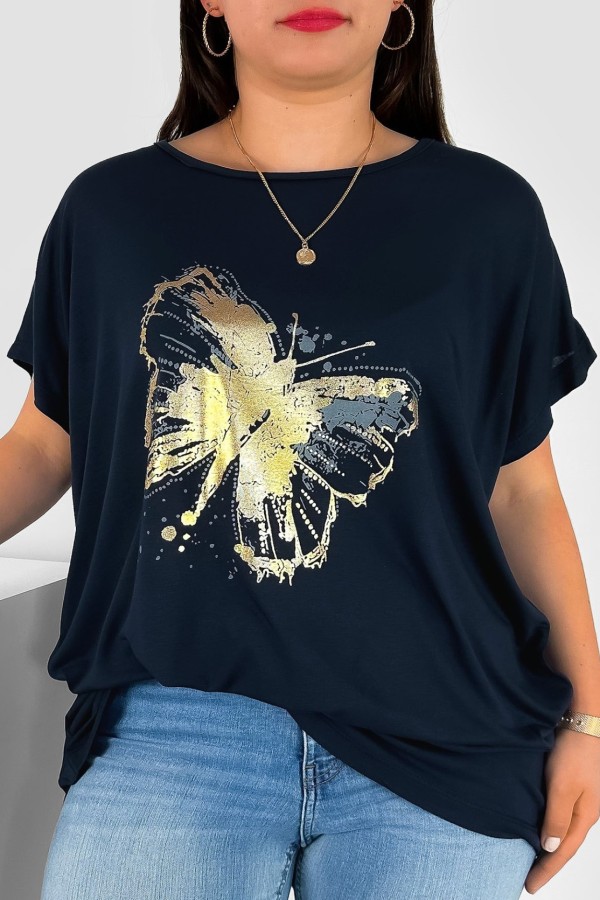 T-shirt damski plus size nietoperz w kolorze dark navy nadruk złoty motyl Lulu