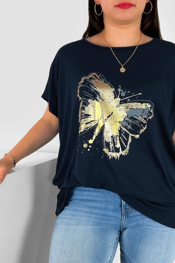 T-shirt damski plus size nietoperz w kolorze dark navy nadruk złoty motyl Lulu 1