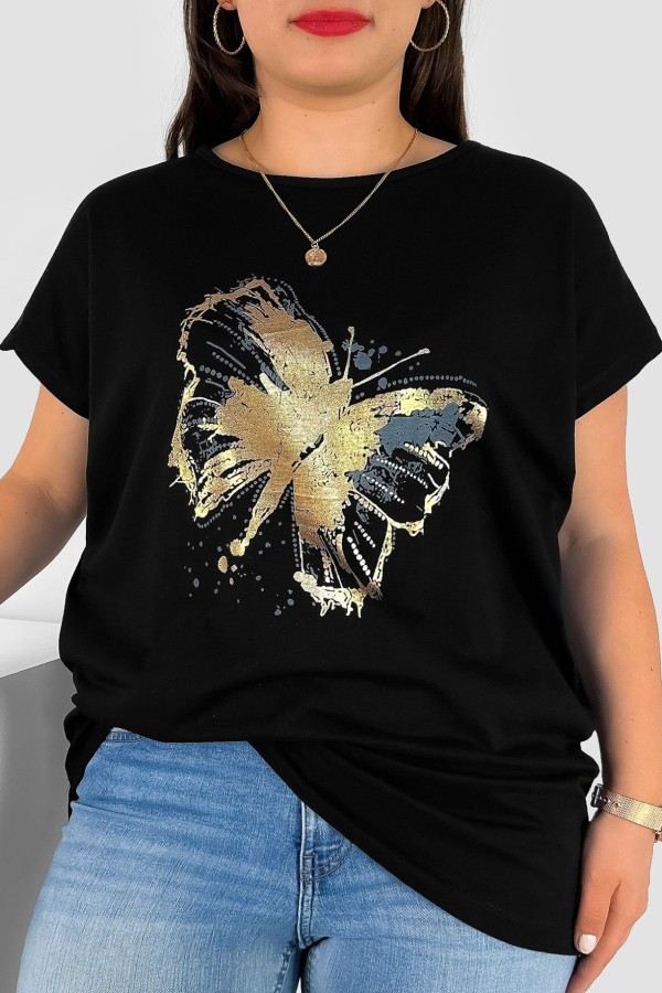 T-shirt damski plus size nietoperz w kolorze czarnym nadruk złoty motyl Lulu