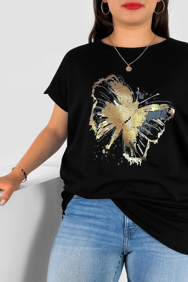 T-shirt damski plus size nietoperz w kolorze czarnym nadruk złoty motyl Lulu 1