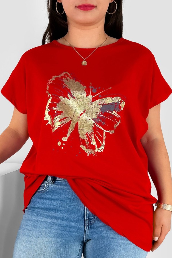 T-shirt damski plus size nietoperz w kolorze czerwonym nadruk złoty motyl Lulu