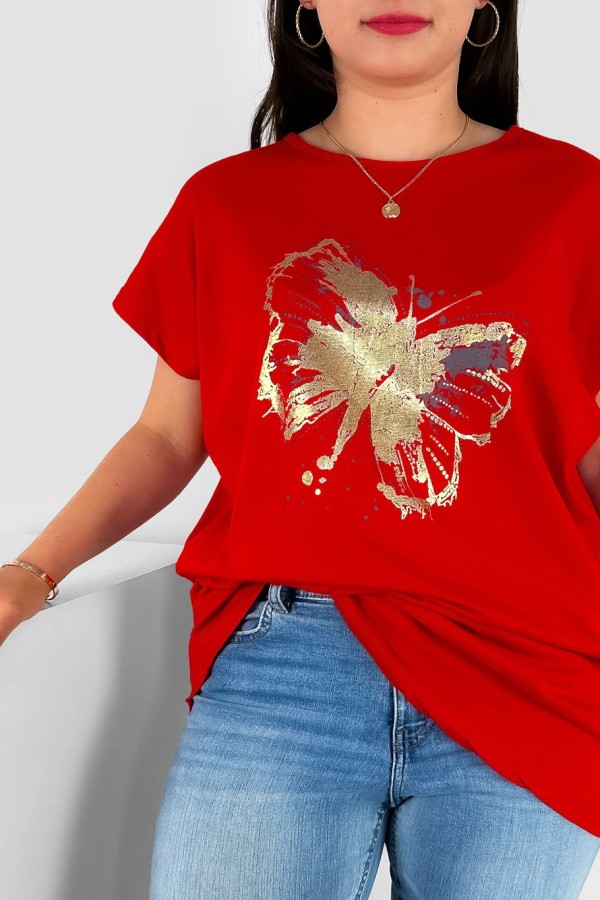 T-shirt damski plus size nietoperz w kolorze czerwonym nadruk złoty motyl Lulu 1