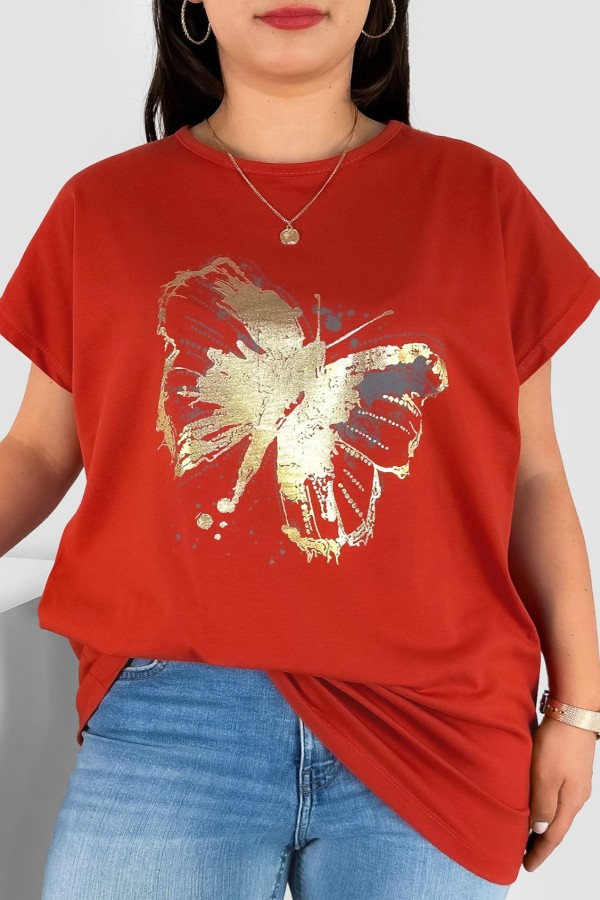 T-shirt damski plus size nietoperz w kolorze ceglastym nadruk złoty motyl Lulu