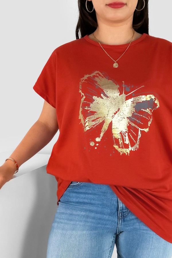 T-shirt damski plus size nietoperz w kolorze ceglastym nadruk złoty motyl Lulu 1