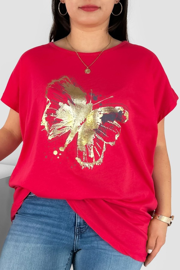 T-shirt damski plus size nietoperz w kolorze malinowy nadruk złoty motyl Lulu