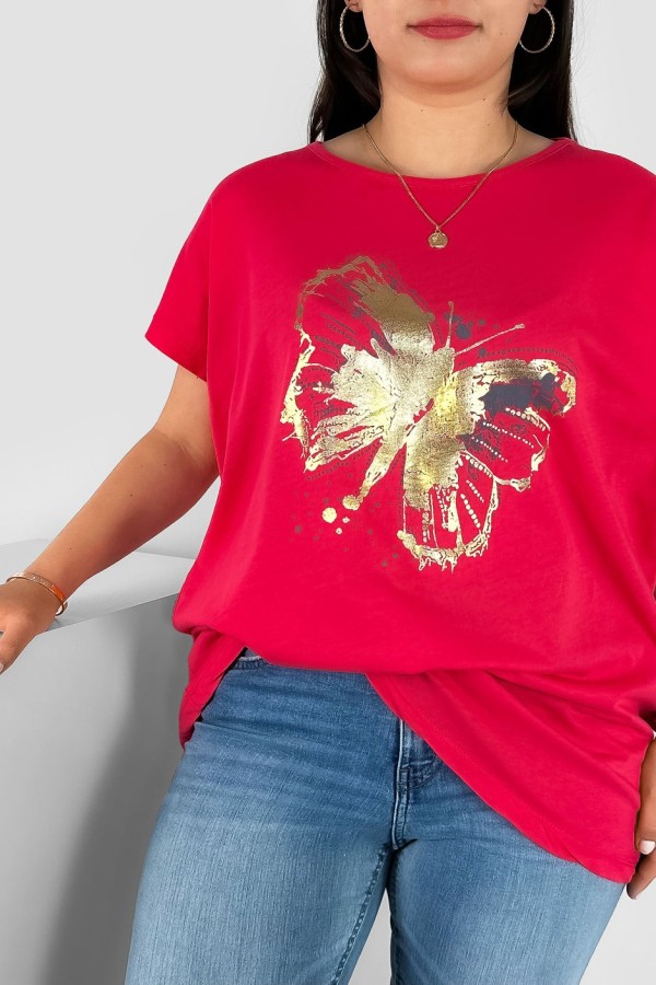 T-shirt damski plus size nietoperz w kolorze malinowy nadruk złoty motyl Lulu 1