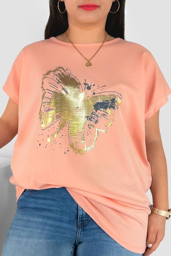 T-shirt damski plus size nietoperz w kolorze łososiowym nadruk złoty motyl Lulu