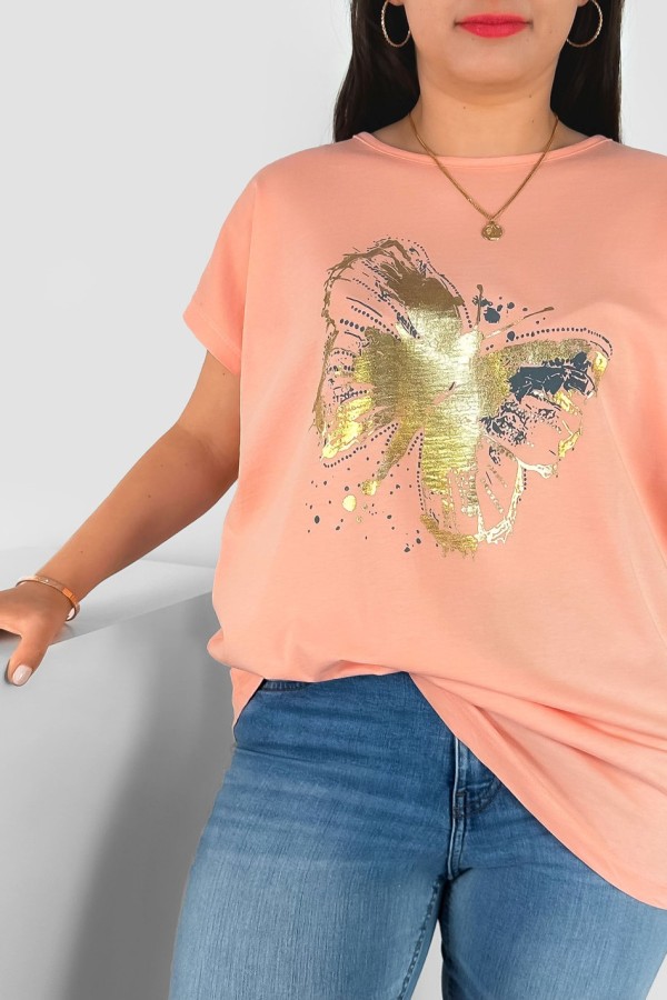T-shirt damski plus size nietoperz w kolorze łososiowym nadruk złoty motyl Lulu 1
