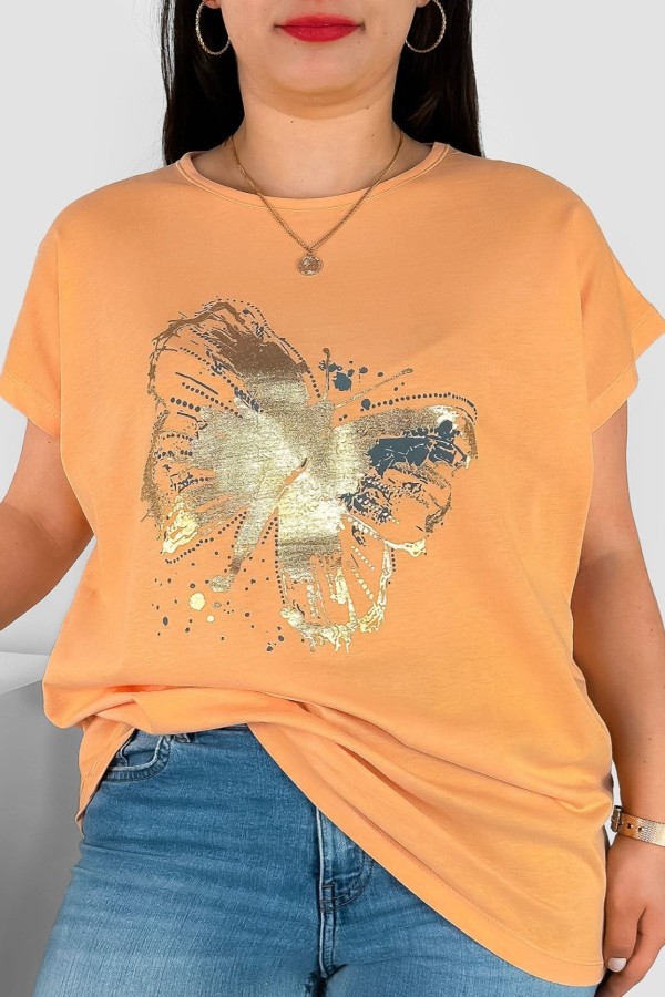 T-shirt damski plus size nietoperz w kolorze morelowym nadruk złoty motyl Lulu
