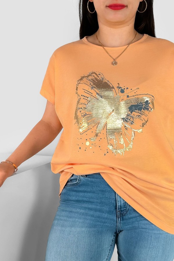 T-shirt damski plus size nietoperz w kolorze morelowym nadruk złoty motyl Lulu 1