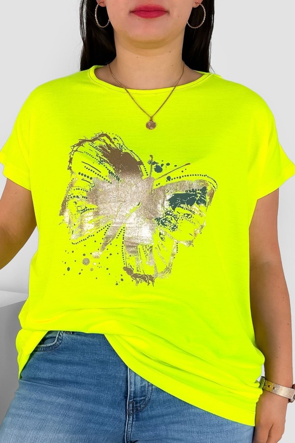 T-shirt damski plus size nietoperz w kolorze fluo żółtym nadruk złoty motyl Lulu