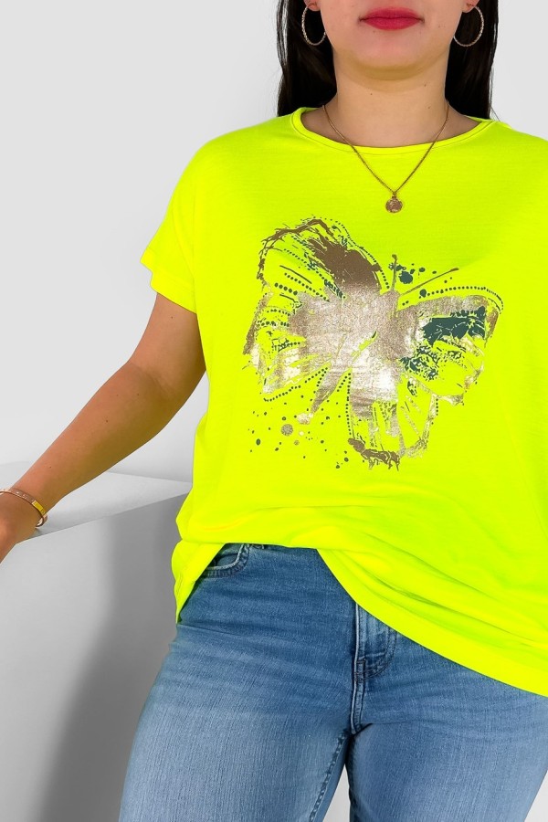 T-shirt damski plus size nietoperz w kolorze fluo żółtym nadruk złoty motyl Lulu 1