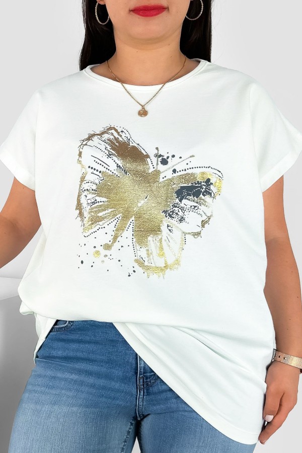 T-shirt damski plus size nietoperz w kolorze ecru nadruk złoty motyl Lulu
