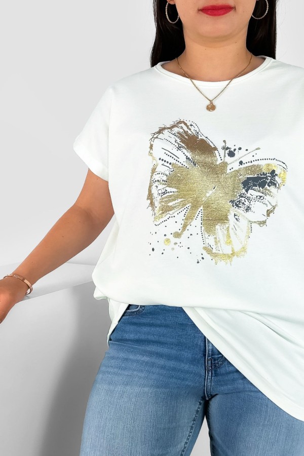 T-shirt damski plus size nietoperz w kolorze ecru nadruk złoty motyl Lulu 1