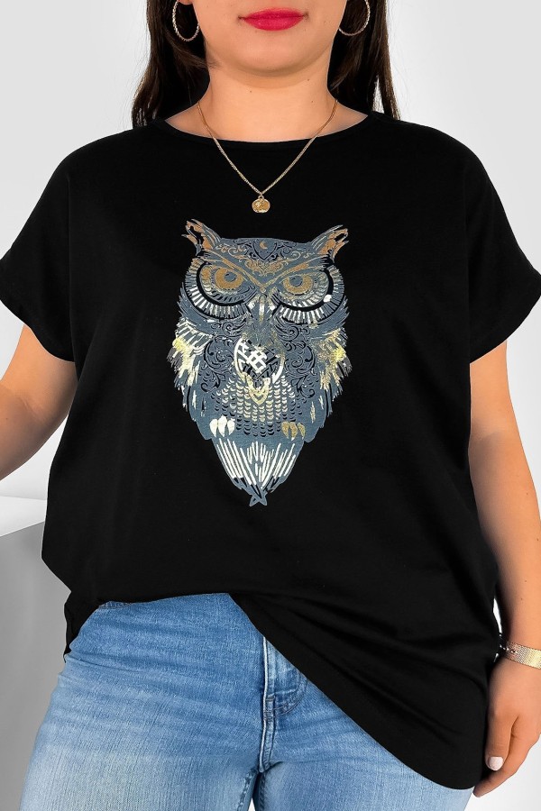 T-shirt damski plus size nietoperz w kolorze czarnym print sowa owl