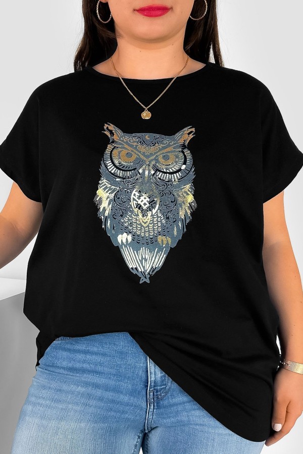 T-shirt damski plus size nietoperz w kolorze czarnym print sowa owl 2