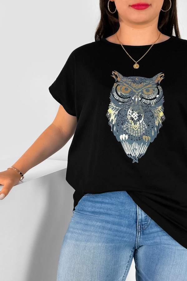 T-shirt damski plus size nietoperz w kolorze czarnym print sowa owl 1