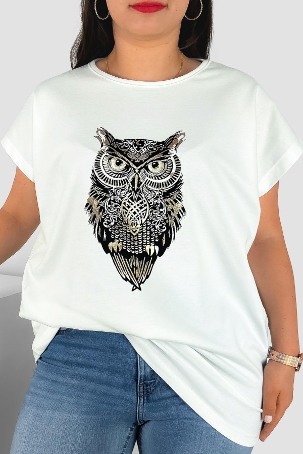 T-shirt damski plus size nietoperz w kolorze ecru print sowa owl