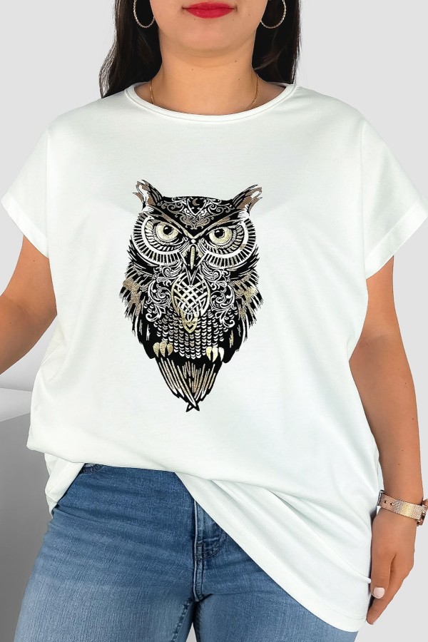 T-shirt damski plus size nietoperz w kolorze ecru print sowa owl 2